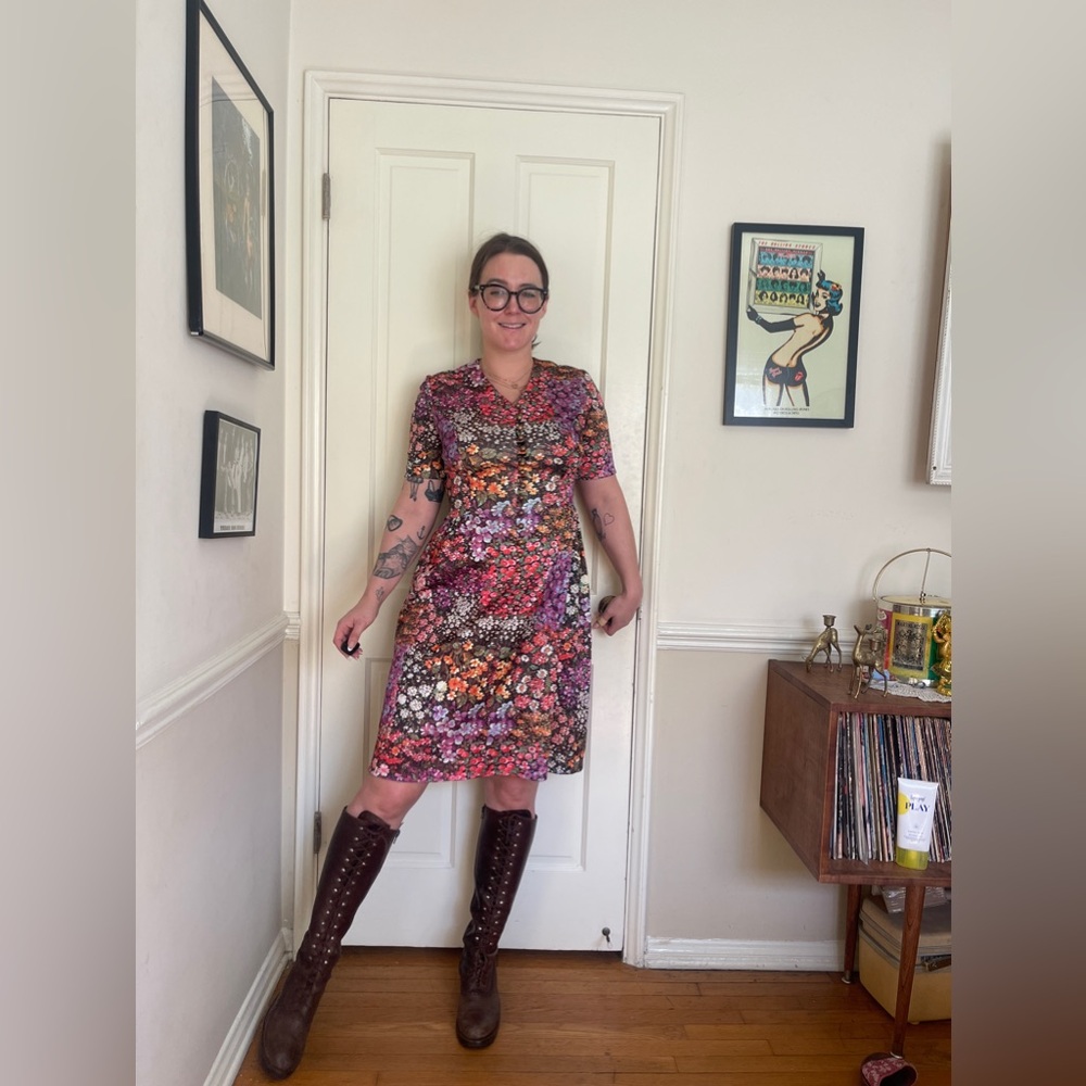 70s Vintage Floral Print Mini Dress with Brass Buttons